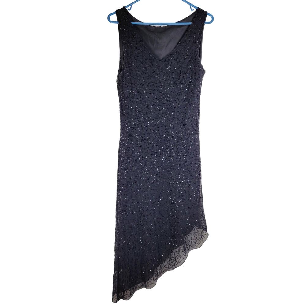 Vintage black all over beaded sheer asymmetrical hem sleeveless dress Whimsigoth
